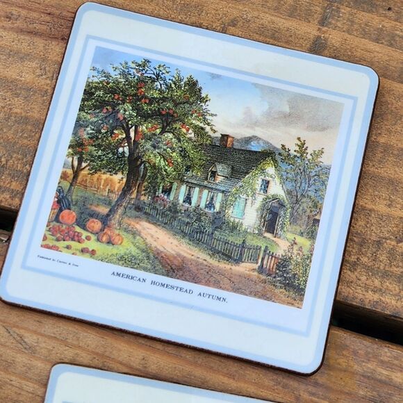 Vintage Currier & Ives Hometown Season Pictorial Collage Coaster Set Cork Back - Picture 4 of 9